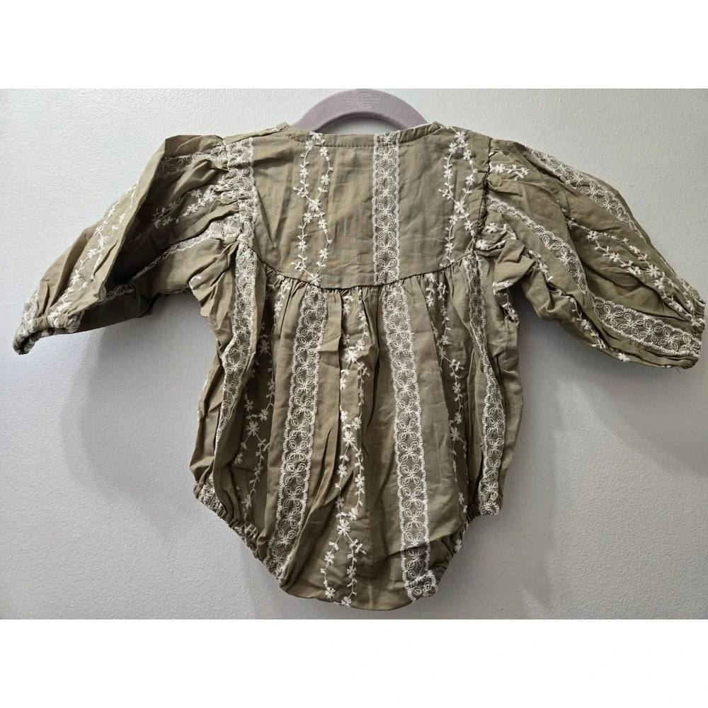 Ryan & Remi Baby Girl Olive Green Embroidered Puff‎ Sleeve Romper Onesie